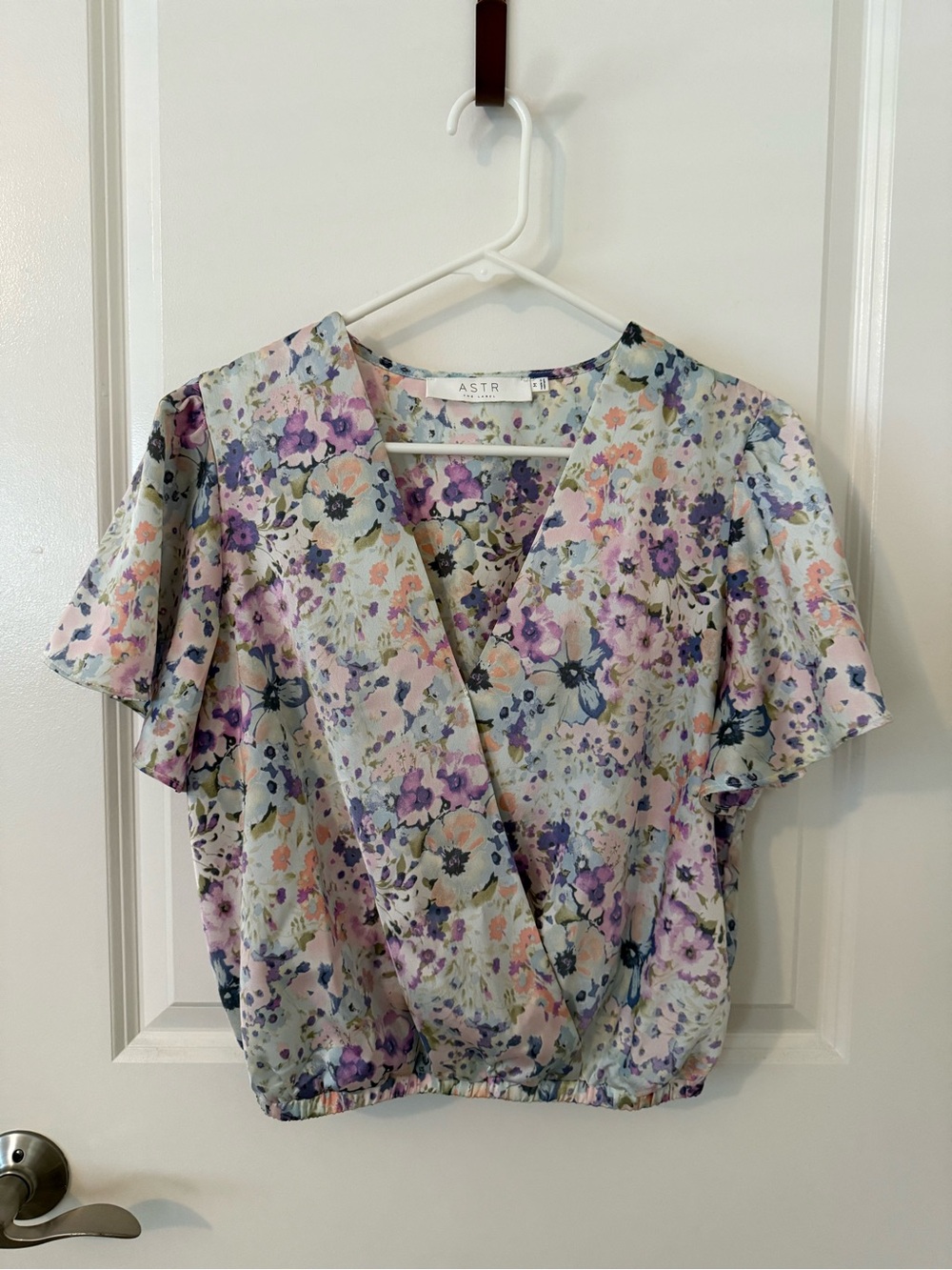 ASTR Wrap Front Short Sleeve Top in Pastel Floral